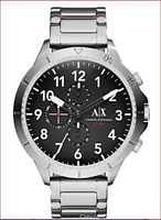 Front view of Armani Exchange stainless steel chronograph watch on bracelet