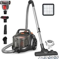Vacuum cleaner with wand, hose and all six accessories displayed