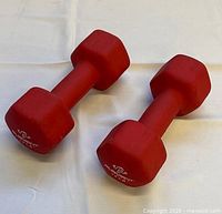 Pair of red hex Element Fitness dumbbells on white surface