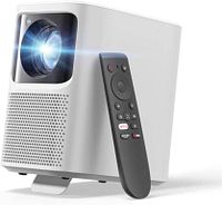 Stock image of white Emotn projector with remote