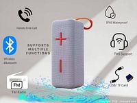 Marketing image showing F86 speaker and feature icons