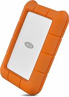 Angled view of external hard drive showing orange rubber sleeve and LaCie logo on silver body