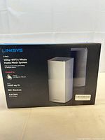 Front of retail box showing Linksys Velop WiFi 6 AX4200 2-pack details