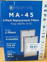 Front view of MA-45 replacement filter box highlighting 2-pack, HEPA H13, coverage stats