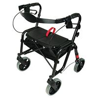 Three-quarter view of black Nexus rollator showing wheels, seat, storage bag, hand brakes