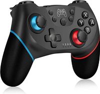 Front view of black controller with blue and red grip accents