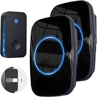 Front view of wireless doorbell kit components: two receivers and one transmitter