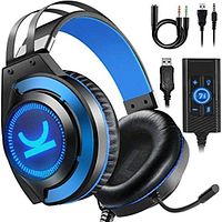 Headset with blue LED earcups, flexible mic, USB adapter, Y-splitter and 3.5 mm jack shown