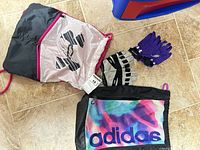 Overall view of both drawstring bags and both pairs of gloves
