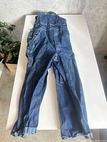 Full view of denim bib overalls laid flat showing legs and overall structure
