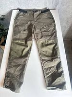 Full view of pants front showing two-tone fabric and overall wear
