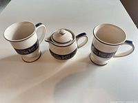 Overall view of teapot and two mugs