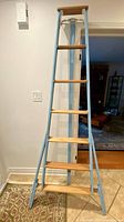 Full view of ladder front showing blue rails and natural wood steps