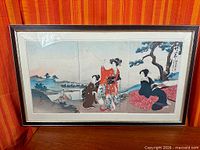 Overall framed woodblock print triptych under glass