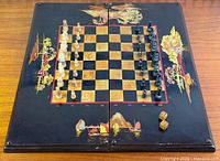 Full view of open board with chess setup and dice