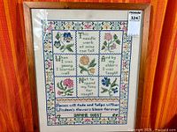 Full view of framed sampler showing design and frame