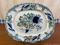 Front view of platter showing floral pattern and border