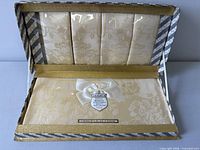 Set inside open presentation box showing folded cloths and label