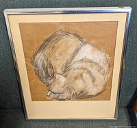 Front view of framed mixed-media cat painting signed Olga K