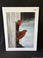Front view of shrink-wrapped print showing chickens artwork