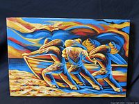 Full view of signed impressionist oil painting showing fishermen pushing boat