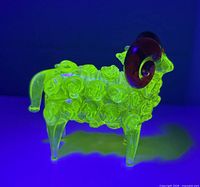 Ram figurine glowing bright green under UV light