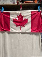 Full view of flag hanging, showing overall size and design