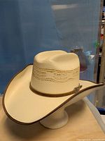 Full view of straw cowboy hat on stand