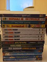 Stacked view of all DVD spines showing titles