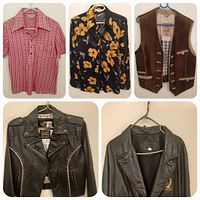 Composite of all five clothing items hanging: Harley-Davidson jacket, Pioneer blazer, Van Heusen shirt, floral shirt, suede vest