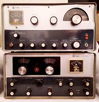 Front view of stacked Knight T-150 transmitter (top) and Knight R-100A receiver (bottom) showing meters, knobs and brand badges