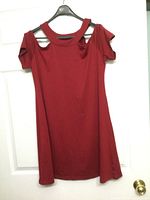 Front view of dark red cold-shoulder dress on hanger
