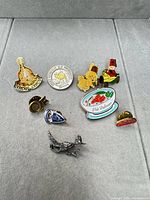 Overall view of eight enamel lapel pins and loose backings on grey background