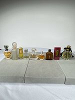 All nine perfume bottles lined up on grey surface