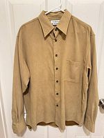 Front view of Chereskin faux suede shacket on hanger
