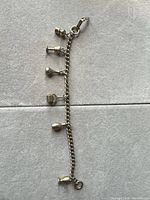 Full view of charm bracelet showing chain, clasp and five charms