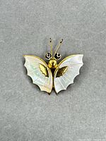 Front view of gold-tone butterfly brooch showing iridescent wings and overall design