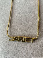 Close view of JANET nameplate on gold tone chain
