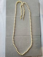 Full view of knotted ivory/cream bead necklace with gold-tone clasp