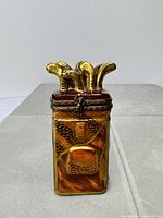Full view of golf bag trinket box front with clubs