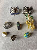 All eight lapel pins laid out on fabric