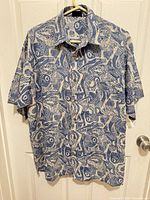 Front view of the Patagonia fish print shirt hanging