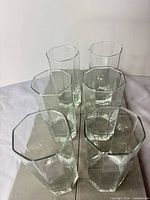 Top view of six octagonal glasses showing shape and clarity