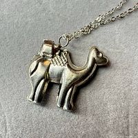 Front view of silver-tone camel pendant on chain