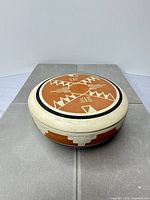 Lidded Sioux pottery bowl angle view showing pattern