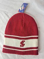 Front view showing full beanie, color scheme, logo placement, hang tag