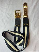 Full belt showing striped elastic, leather ends, gold buckle and plate