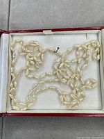 Necklace coiled in presentation box showing pearls and clasp