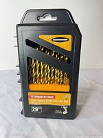 Front view of Warrior 29-piece drill bit set in black case