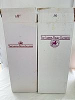 Two white Ashton-Drake doll boxes labeled Amy and Jo